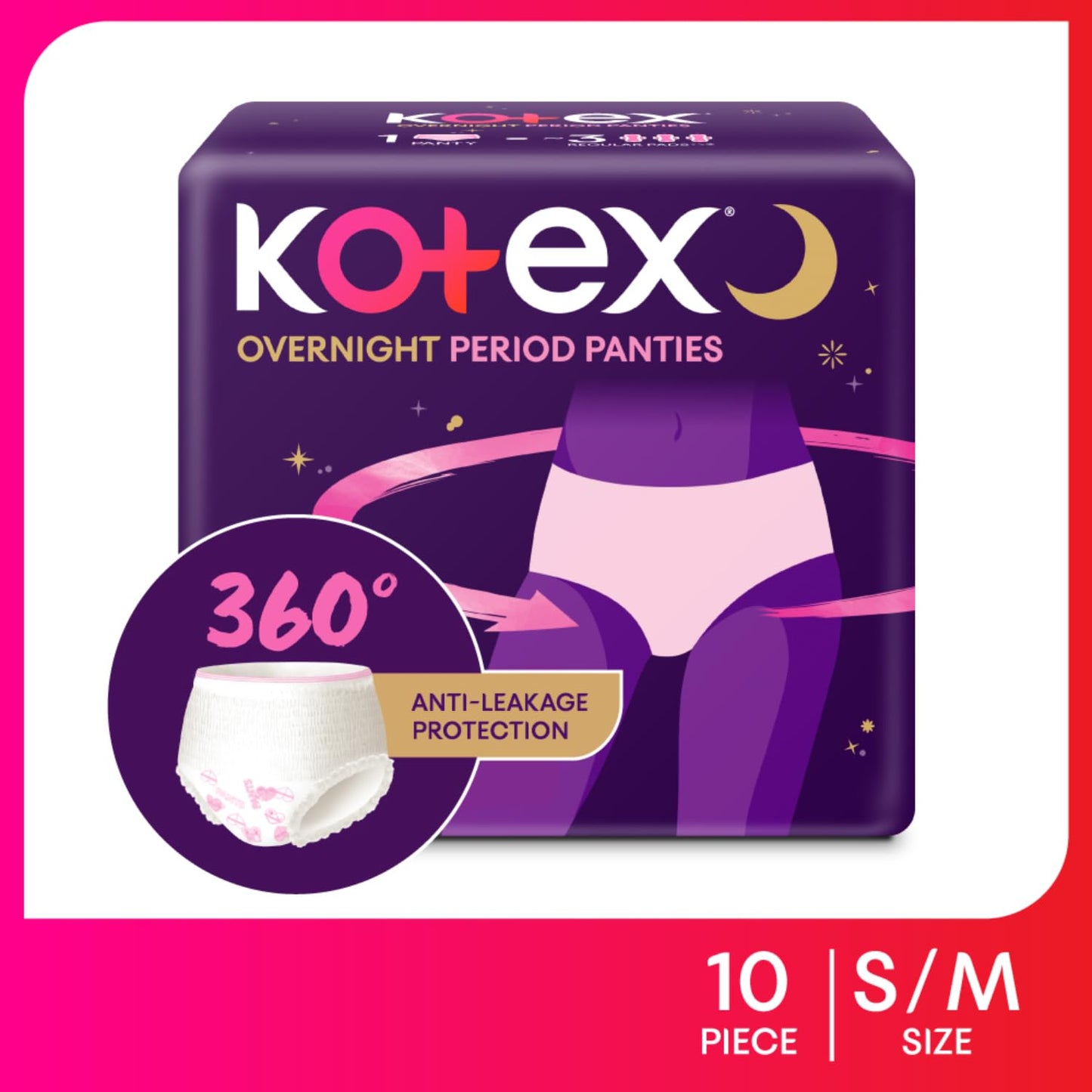 Kotex Overnight Period Panties (Small/Medium size, pack of 10 panties) for heavy flow period protection | with 360 degree anti-leakage design & airy-soft fabric | 1 panty = 3 regular pads