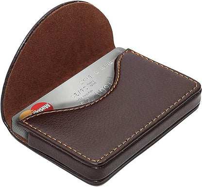 NISUN Leather Pocket Sized Credit Card Holder Name Card Case Wallet with Magnetic Shut for Men & Women Brown (Half Moon Shape)