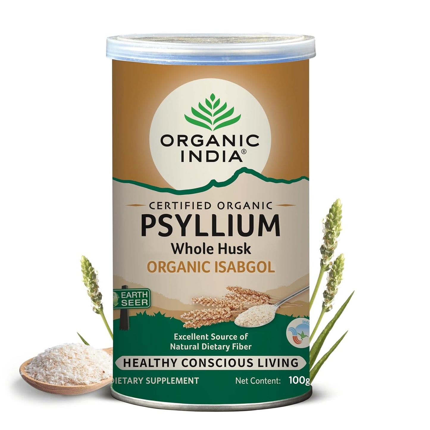 A TATA Product - Organic India Isabgol Whole Psyllium Husk Powder - 100g, With Dietary Fiber, Supports Gut Health & Digestive System, Gluten Free, Non-GMO Project Verified, NPOP & USDA Certified