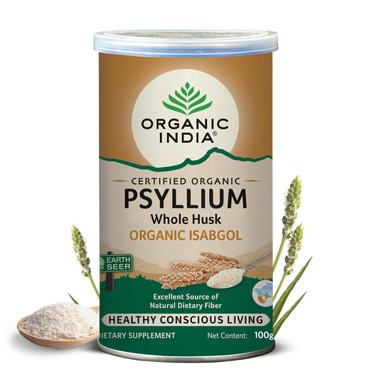A TATA Product - Organic India Isabgol Whole Psyllium Husk Powder - 100g, With Dietary Fiber, Supports Gut Health & Digestive System, Gluten Free, Non-GMO Project Verified, NPOP & USDA Certified