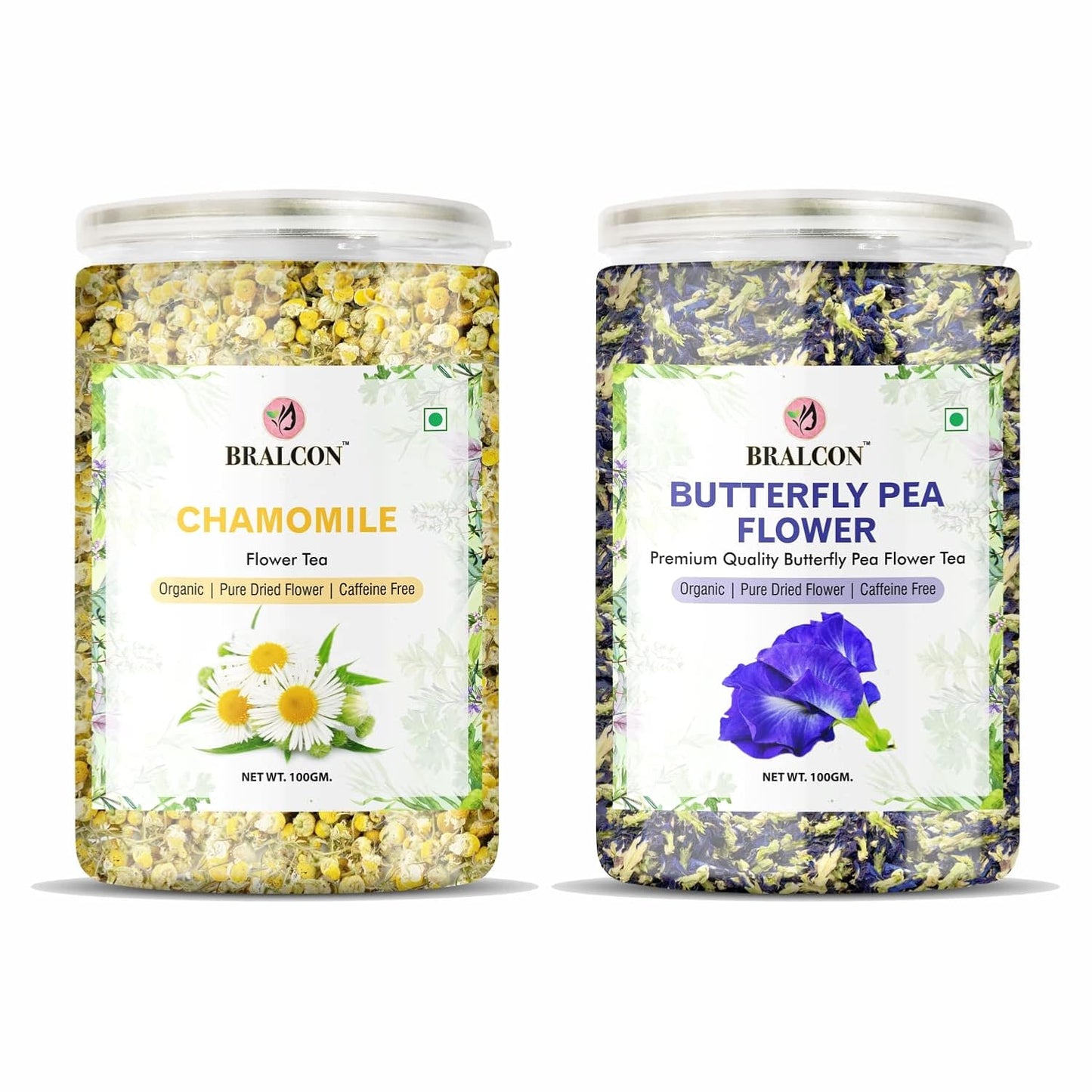 Bralcon Organic Herbal Tea Combo Pack - Butterfly Pea Flower and Chamomile - 200 gm