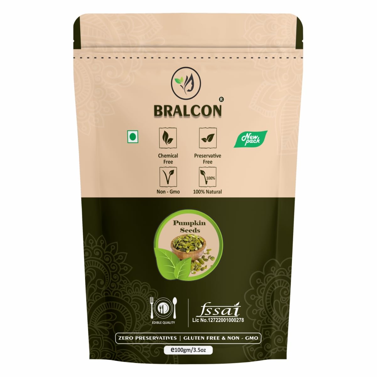 BRALCON Organic Pumpkin Seeds - 100g | Raw Unroasted Pumpkin Seeds for Eating | Protein and Fiber Rich Superfood | Rich in Omega-3 fatty acids