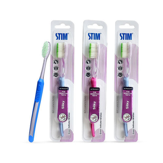 STIM Silky | Ultra soft toothbrush | Extra gentle bristles | Cleans along the gum line | Cleans till 3rd Molar - Pack of 3