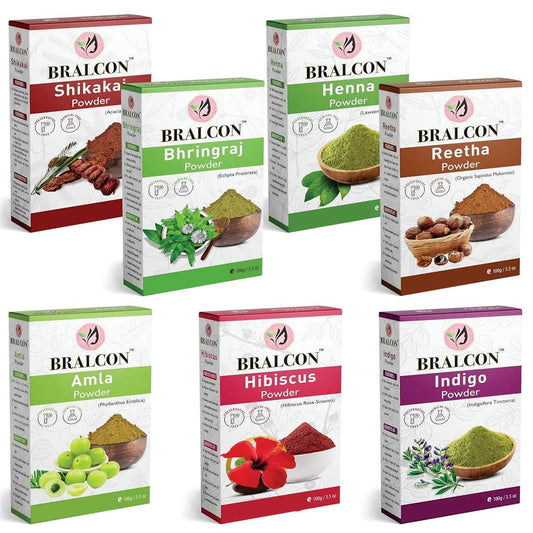 BRALCON Organic Amla Powder, Reetha Powder, Shikakai Powder, Bhringraj Powder, Hibiscus Powder, Henna Powder, Indigo Powder Combo-700g(100g x 7 Pack)| Skin & Hair Care Powder|Hair Growth, Face Pack
