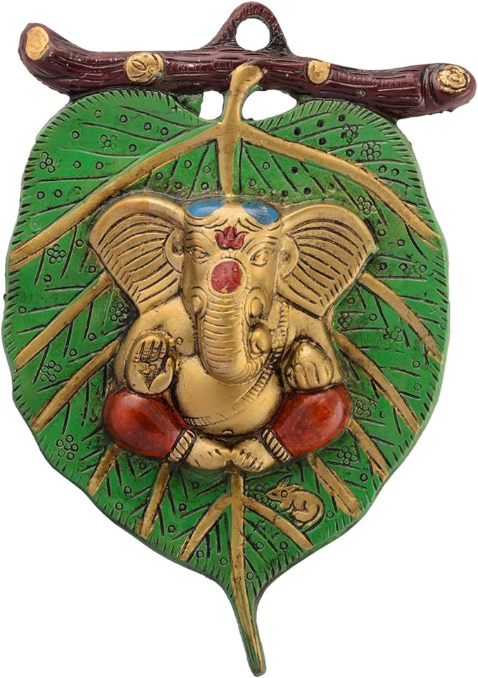 eCraftIndia Golden Metal Lord Ganesha In Red Dhoti On Green Leaf Wall Hanging Decorative Showpiece For Home Decor, Housewarming, Festival Gift 15 Cm X 1.25 Cm X 22.5 Cm Multicolour