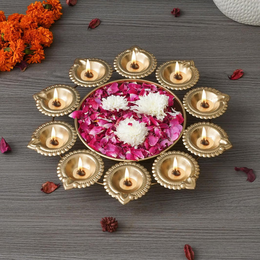 eCraftIndia Golden Metal Handcrafted Flower Decorative Urli with 10 Diyas | s | Diwali Decoration Items for Home Decor | Housewarming, Diwali Gift