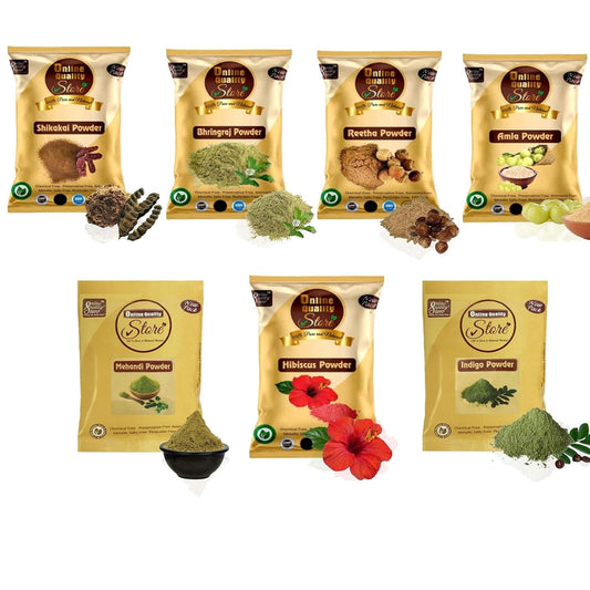 Online Quality Store Reetha (50g) + Amla (50g) + Shikakai (50g) + Bhringraj (50g) + Hibiscus (50g) + Mehandi (50g) + Free Indigo (50g) Powder For Hairs, 350 g