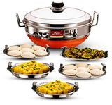 QSEC Stainless Steel Multi Kadai Idli Cooker Steamer With Copper Bottom All-In-One Big Size Dhokla Cooker | 5 Plate 2 Idli | 2 Dhokla | 1 Patra | Momo Steamer | 3 In 1 | Idli Maker Steamer, 6 Liters