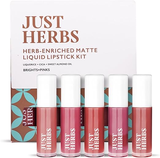 Just Herbs Ayurvedic Liquid Lipstick Kit Set of 5 with Long Lasting, Hydrating & Lightweight Lip Colour, Brights & Pinks - Paraben & Silicon Free