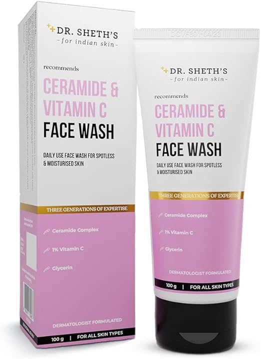 Dr. Sheth's Ceramide & Vitamin C Brightening Face Wash For Dry to Normal Skin | Reduces Dark Spots & Repairs Skin Barrier | With Vitamin C & Ceramide Complex | Men & Women | 100 mL