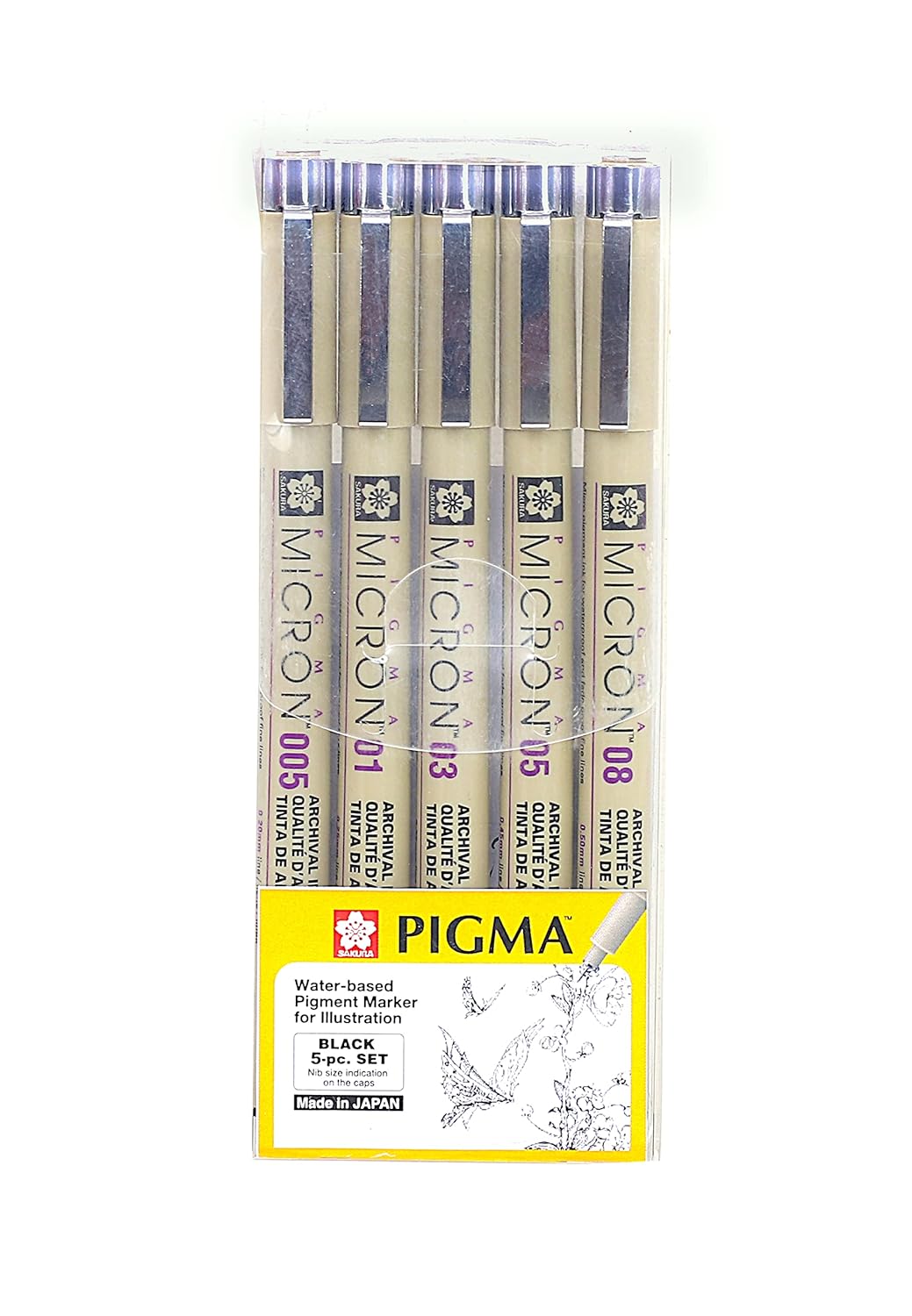 Sakura Pigma Micron Fineliner Pens, Classic Set Of 5 Nib Sizes, Black
