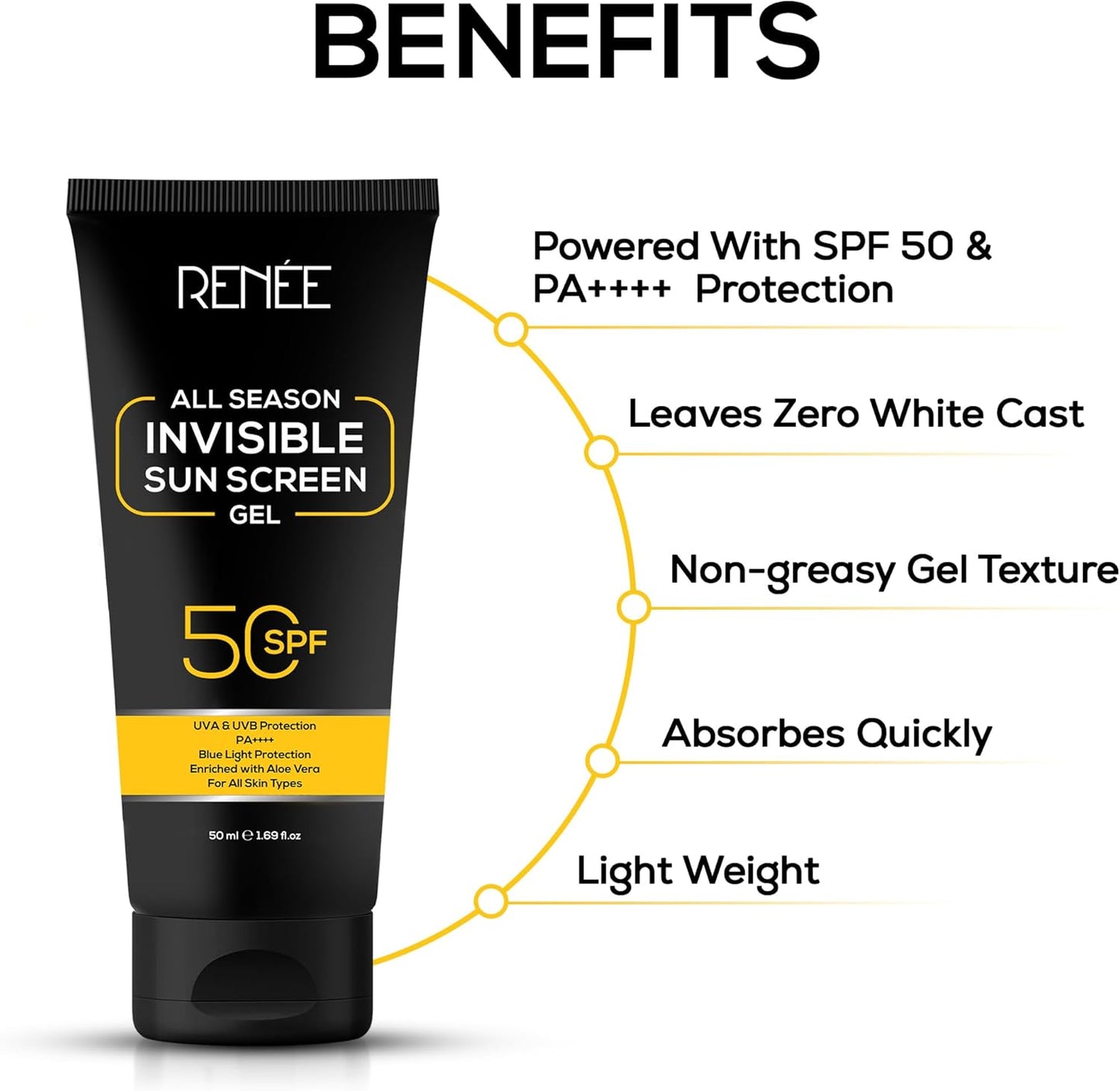 Renee All Season Invisible Sunscreen Gel,  Spf 50 Broad Spectrum Pa++++, 50 ml