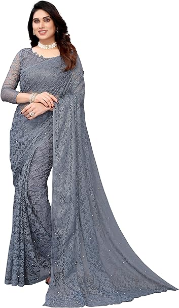 Yashika Womens Solid Net Saree With Blouse Piece