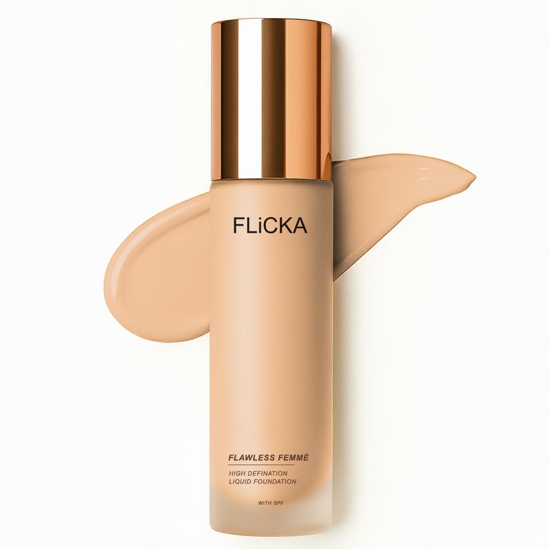 FLiCKA Flawless Femme Liquid Foundation for Face Makeup 30ml | Medium to High Coverage, Buildable | Natural, Waterproof & Moisturizing | All Skin Types | 02 Ivory