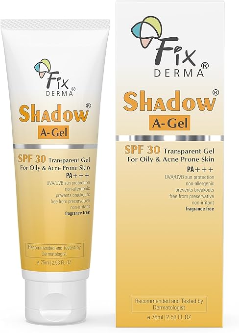 Fixderma Shadow Sunscreen A-Gel SPF 30 for Acne Prone Skin, Non-Oily, Broad Spectrum UVA and UVB Protection, Transparent Gel - 75ml