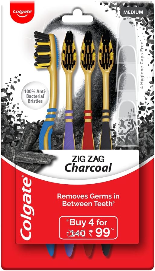 Colgate ZigZag Charcoal Medium Bristle Manual Toothbrush for adults - 4 Pcs, Removes Germs in Between Teeth, Soft-tongue cleaner, Antibacterial bristles