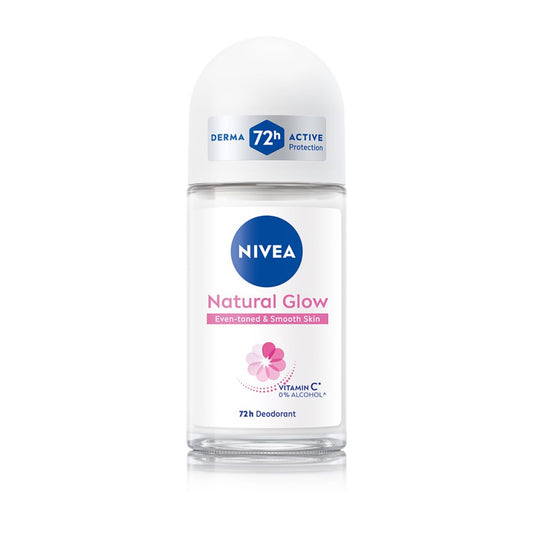 NIVEA Natural Glow Smooth Skin Deodorant Underarm Roll On for Women| Vitamin C, Vitamin E, Avocado oil and Licorice Extract | 72 H Even Toned, Smooth & Bright Underarms | 0% Alcohol and Dermat Approved |50 ml