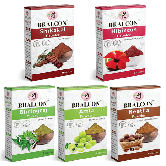 BRALCON Organic Amla, Reetha, Shikakai, Bhringraj, Hibiscus Powder Combo-500g (100g x 5 Pack)|Amla Powder, Reetha Powder, Shikakai Powder, Bhringraj Powder, Hibiscus Flower Powder for Hair & Skin Care