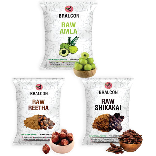 BRALCON Organic Raw Reetha, Amla, Shikakai Combo Pack- 300g(100g x 3 Pack)|100% Natural Whole Dried Soap pod, aritha nut, Sukha Awla for Hair & Skin