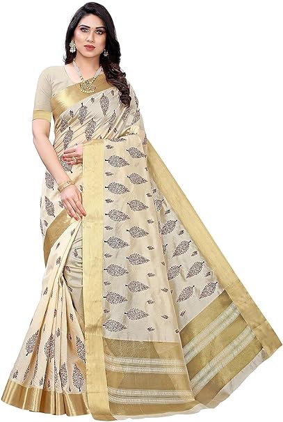 Yashika Womens Cotton Blend Saree With Blouse Piece, Free Size, Off-White