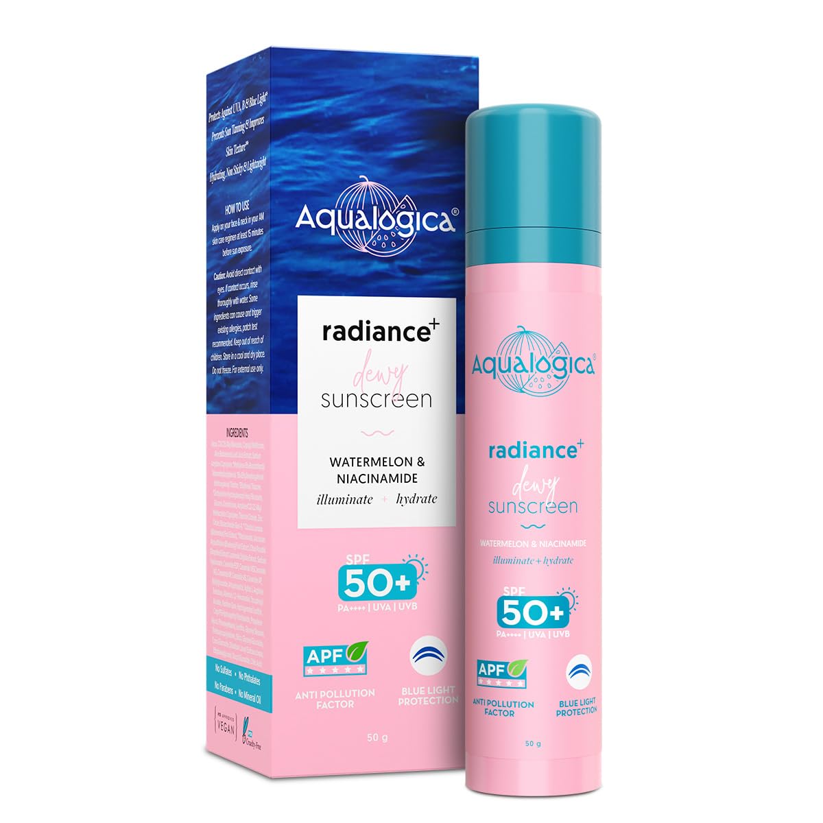 Aqualogica Radiance+ Dewy Sunscreen Cream,Watermelon & Niacinamide, Spf 50+, Pa+++, 50g