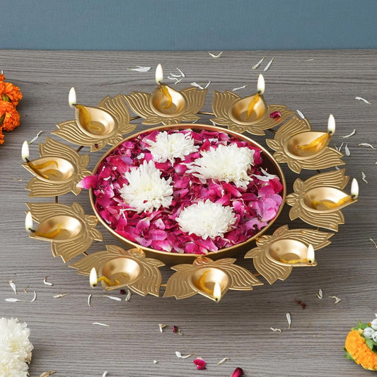 eCraftIndia Golden Metal Handcrafted Decorative Lotus Urli with 10 Diyas - Urli Bowl for Home Decor - Urli for Floating Flowers - Diwali Decoration Items for Home Decor - Housewarming, Diwali Gift