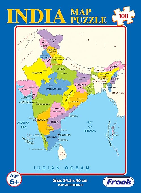 Frank India Map Puzzle – 34.5 x 46 cm, 108 Pieces, Early Learner Large Educational Jigsaw Puzzle Set with States, Union Territories, Capitals | Ages 6 & Above