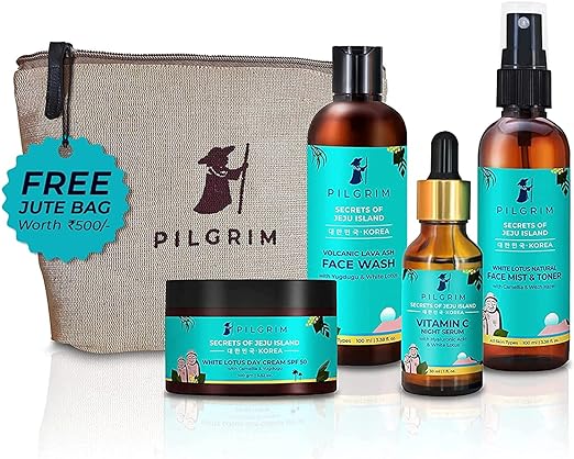 Pilgrim Korean Beauty Flawless Skin Face Care Kit With Vitamin C Night Serum & Jute Kit Bag | Daily Face Wash 100ml, Refreshing Face Mist & Toner 100ml, Brightening Day Cream Spf50 100g