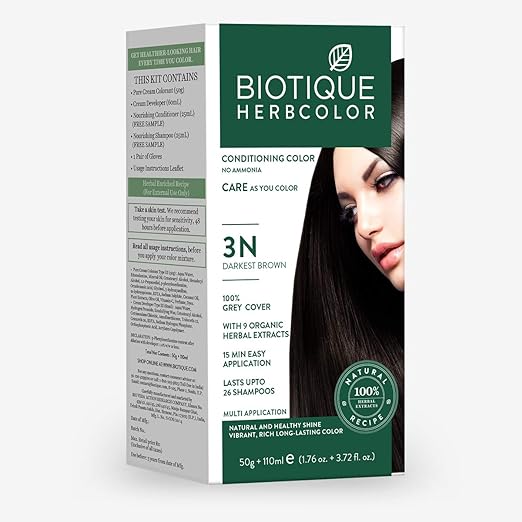 Biotique Bio Herbcolor 3N Darkest Brown Hair Color, 100% Grey Cover, With 9 Organic Herbal Extracts, 50g+110ml