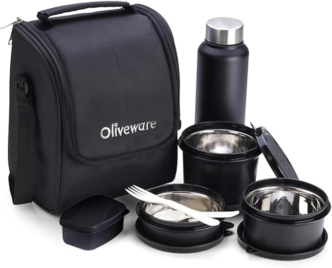 Oliveware Teso Lunch Box with Bottle - Black | 3 Stainless Steel Containers and Pickle Box and Assorted Steel Bottle | Insulated Fabric Bag | Leak Proof Microwave Safe