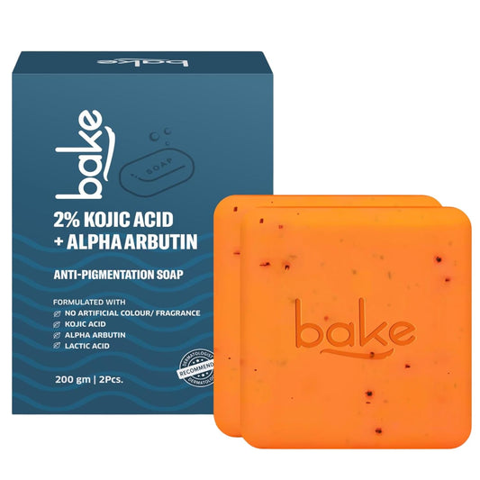 BAKE 2% Kojic Acid Scrub Treatment Soap (200 Gms) with Alpha Arbutin, Lactic Acid & Niacinamide | For Pigmentation, Dark Spots, Tan Removal, Brightens Underarms | Soap for Women & Men | 100g x 2