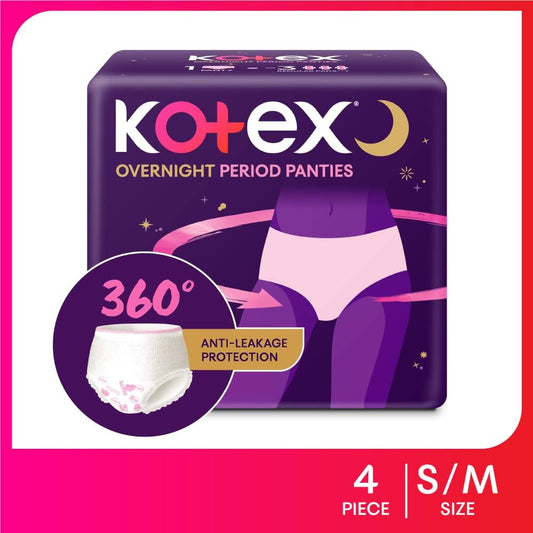 Kotex Overnight Period Panties (Small/Medium size, pack of 4 panties) for heavy flow period protection | with 360 degree anti-leakage design & airy-soft fabric | 1 panty = ~3 regular pads