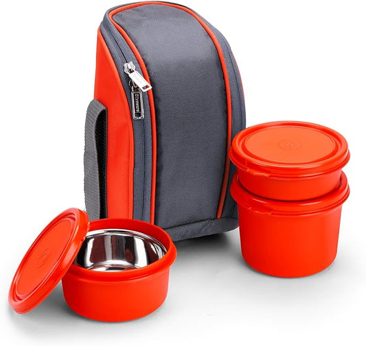 SOPL-OLIVEWARE Boss Stainless Steel Lunch Box, Microwave Safe & Leak Proof, 3 Ineer Steel Containers With Bpa Free Airtight Lids (290ml, 450ml, 600ml), Fabric Bag - Orange, 600ml