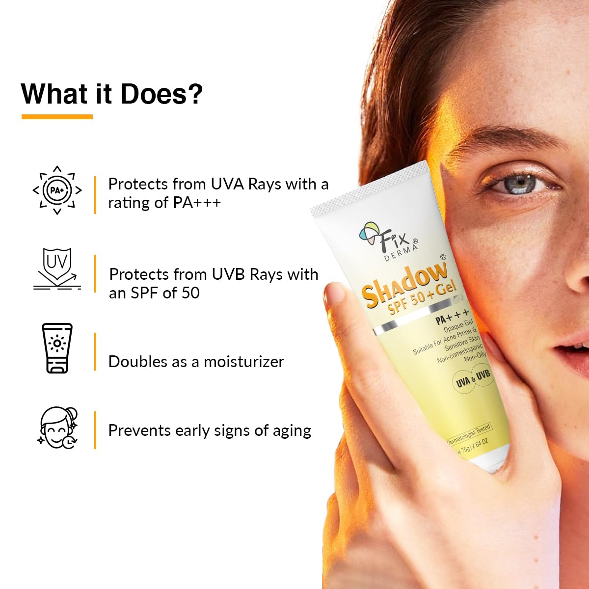 FIXDERMA Shadow Sunscreen Spf 50+ Pa+++ Gel Broad Spectrum Sunscreen For Uva & Uvb Protection  75gm