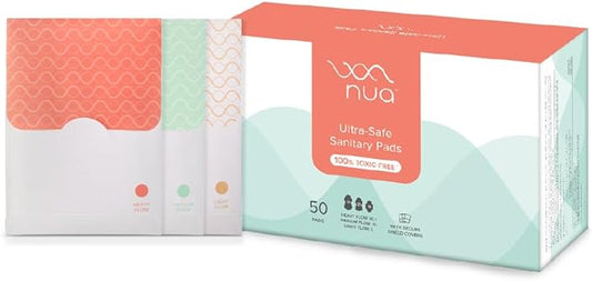 Nua Ultra-Safe Sanitary Pads For Women | 50 Ultra Thin Pads | 3 sizes in 1: Heavy Flow-XL+, Medium-XL & Light-L | Safe on Skin | Toxic-Free & Rash-Free