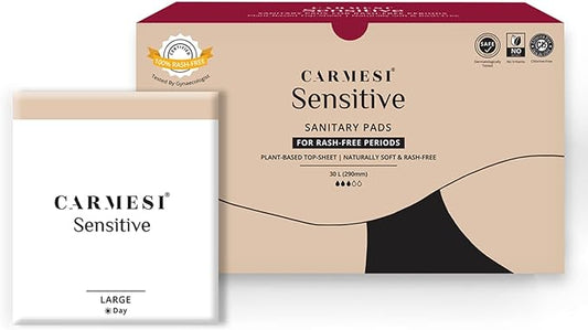 Carmesi Sanitary Pads Rash-Free Organic Large - 100% Certified By Gynecologist Natural Plant Based Top Sheet No Fragrance, No Chlorine - With Disposal Bags (Pack Of 30 Pads)