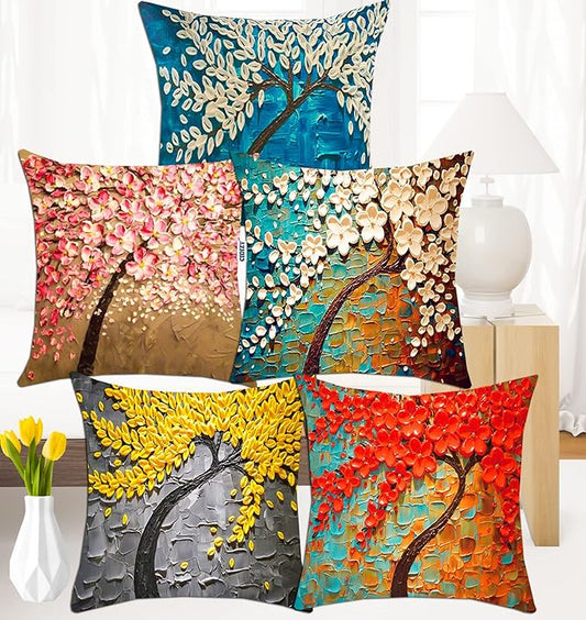 CIDIZY Jute Floral Tree Cushion Covers, 16x16 Inch, Multicolour, Set of 5