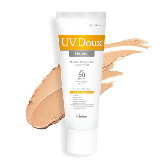 UV Doux Tinted Mineral Sunscreen SPF 50 PA+++ | No White Cast | Zinc & Iron Oxide | Water Resistant | Benzene-Free | Universal Tint for Sensitive Skin | Broad Spectrum 100% Mineral | Safe for Kids 3+ | 50 g