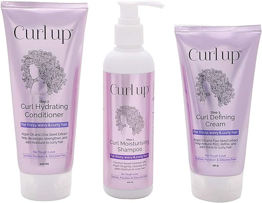 Curl Up Curl Care Bundle with Curly Hair Shampoo, Conditioner and Leave in Curl Defining Cream - For Dry Frizzy, Wavy & Curly Hair - Sulphate Paraben And Silicone Free (Combo of 3)