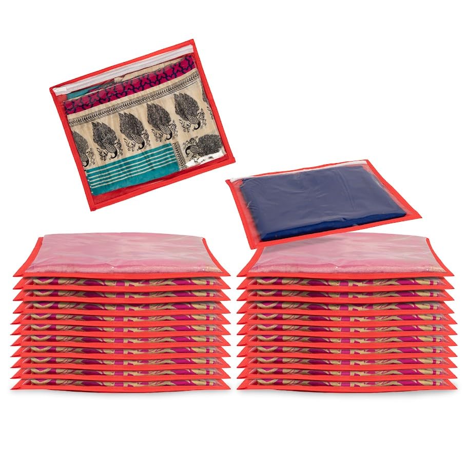 Homestrap Set of 24 Single Saree Covers | Transparent Top, Foldable & Zip Closure