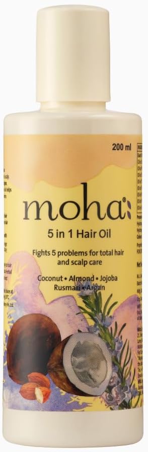 Moha: 5 in 1 Hair Oil For Healthy, Smooth & Shinny Hair & Scalp With Coconut Oil, Almond Oil, Jojoba Oil, Rosemary Oil, Wheatgerm Oil, Hibiscus, Tea Tree Oil & Sesame Oil 200ml