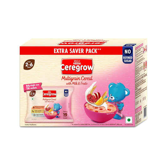 Nestle Ceregrow Multigrain, Milk & Fruits Cereal, Source of Iron,Omega 3, Protein, Calcium, 19 Nutrients, 600 gm