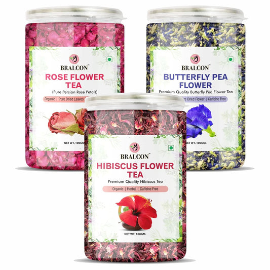 Bralcon Organic Herbal Tea Combo Pack- Hibiscus Flower Tea, Butterfly Pea Flower Tea, Rose Flower Tea- 300 gm