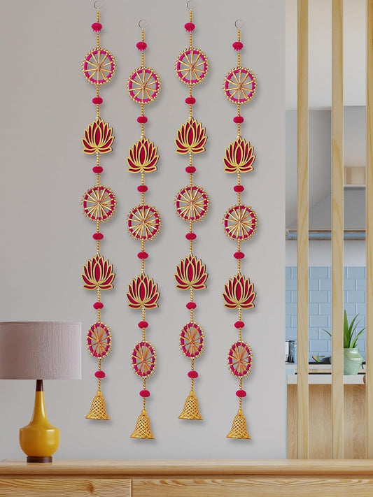 JH Gallery Wood Handmade Lotus Wall and Door Hanging (36 Inches Height - Pack of 4), Magenta