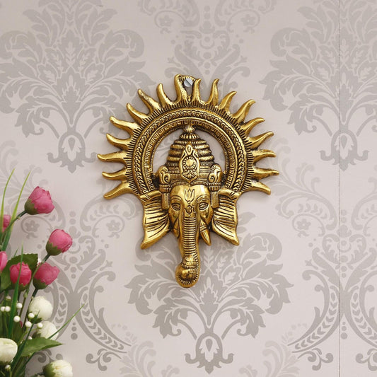 eCraftIndia Golden Metal Sun Decorative Ganesha Wall Hanging | Lord Ganesha Statue Wall Art- Decorative Showpiece for Wall Decor | Diwali Decoration Items for Home Decor- Gift for Diwali Housewarming