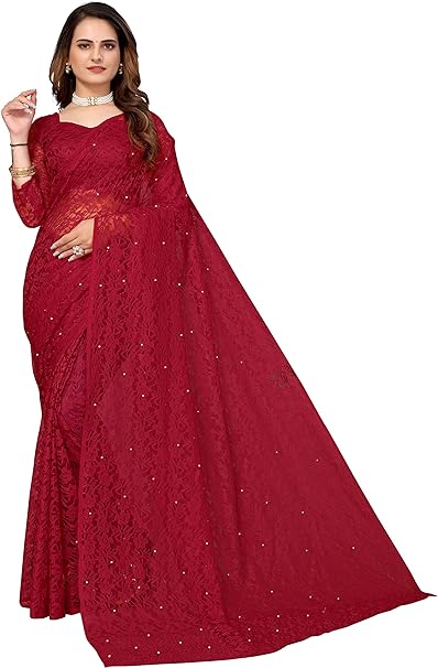 Yashika Womens Solid Net Saree With Blouse Piece