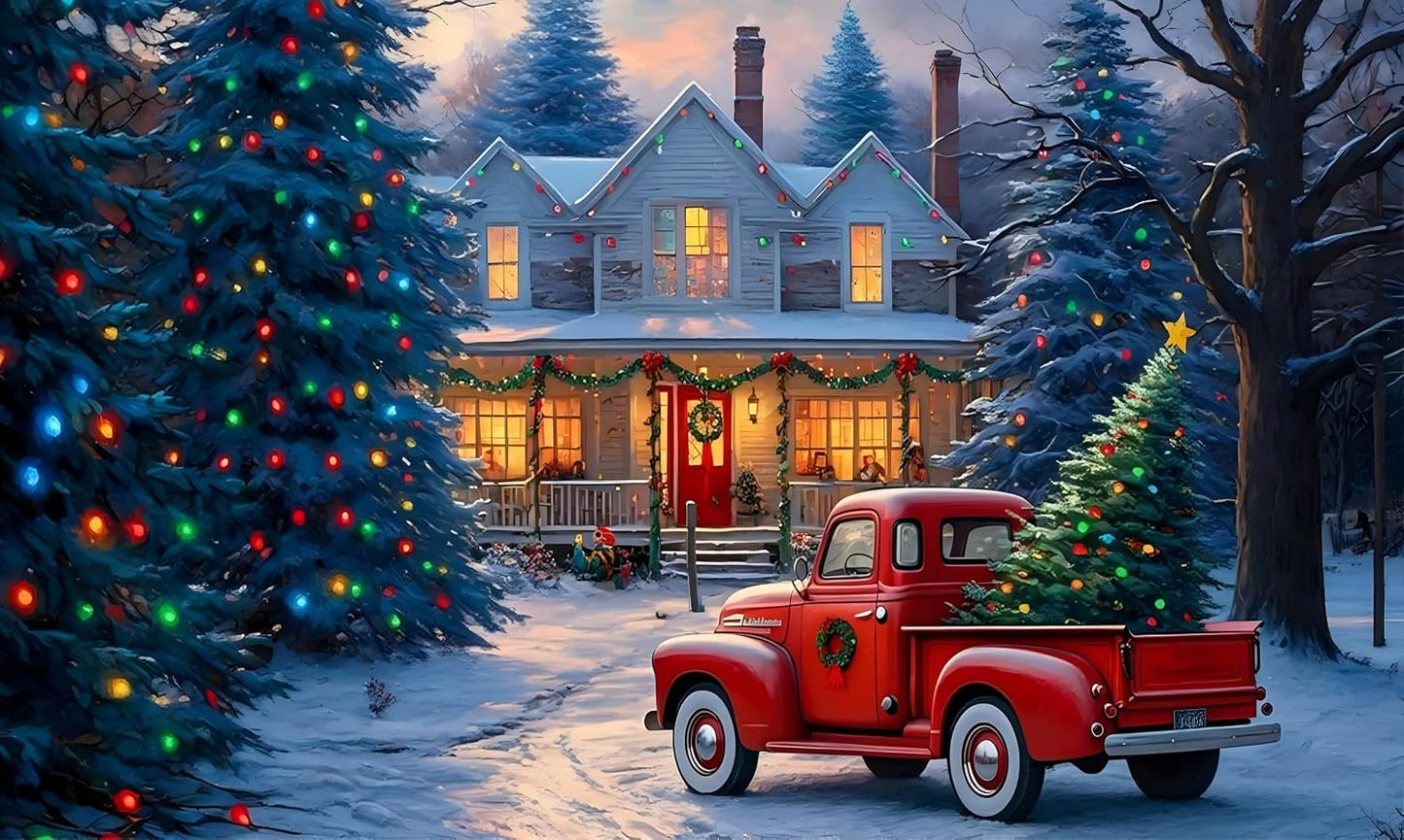 Vintage Red Truck with Christmas Tree and Gifts Festive Holiday Winter Wonderland Scene Photoshoots Size 5 Feet Height & 8 Feet Width