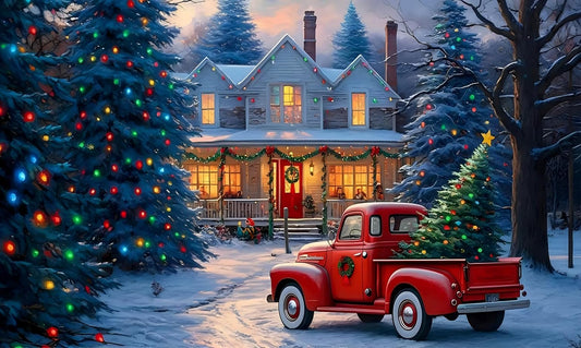 Vintage Red Truck with Christmas Tree and Gifts Festive Holiday Winter Wonderland Scene Photoshoots Size 5 Feet Height & 8 Feet Width
