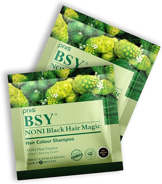 BSY Noni Black Hair Magic Hair color shampoo (12ml x 5 Sachets) | Ammonia Free | Natural Black Permanent Hair Dye Shampoo for women | Noni Fruit Hair Dye | 5 Minutes Hair Colour