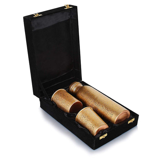 R Ayur. Copper Water Bottle, 1000 ml,(Bottle With 2 Glass) In velvet gift box